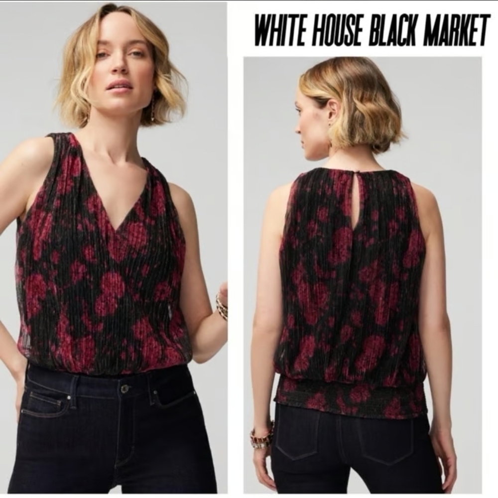 White House Black Market Sleeveless V-Neck Black & Burgundy Floral Top